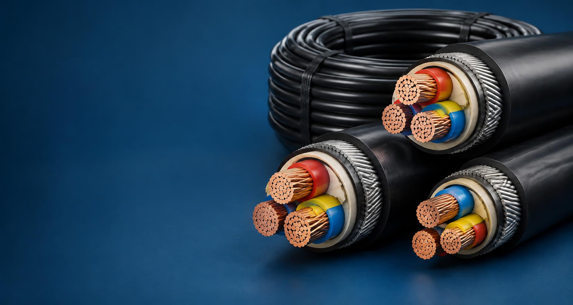 Illustrative cable cutaways with copper conductors, coloured insulation and metallic armour